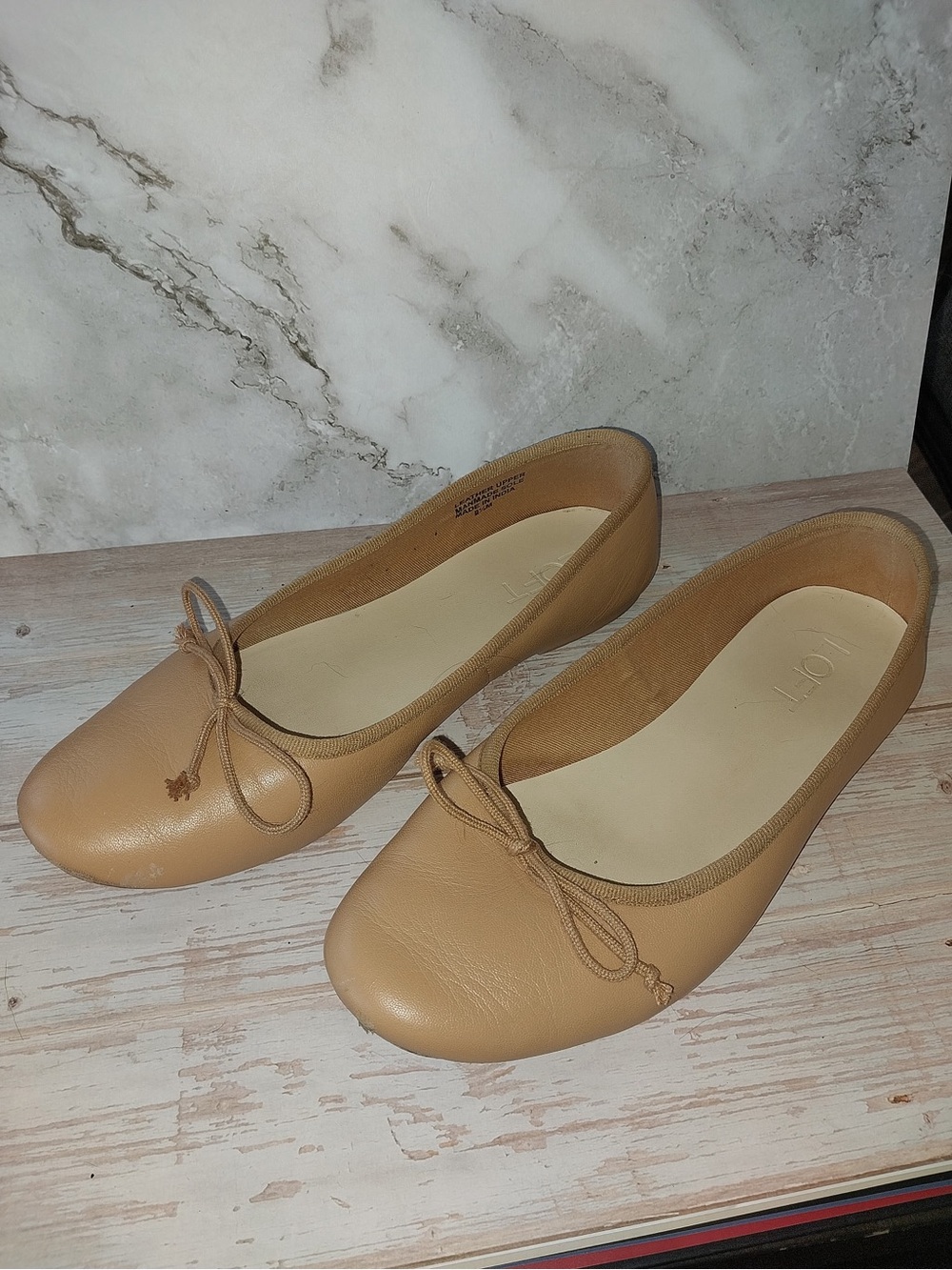 LOFT Tan Leather Ballet Flats with Bow Detail